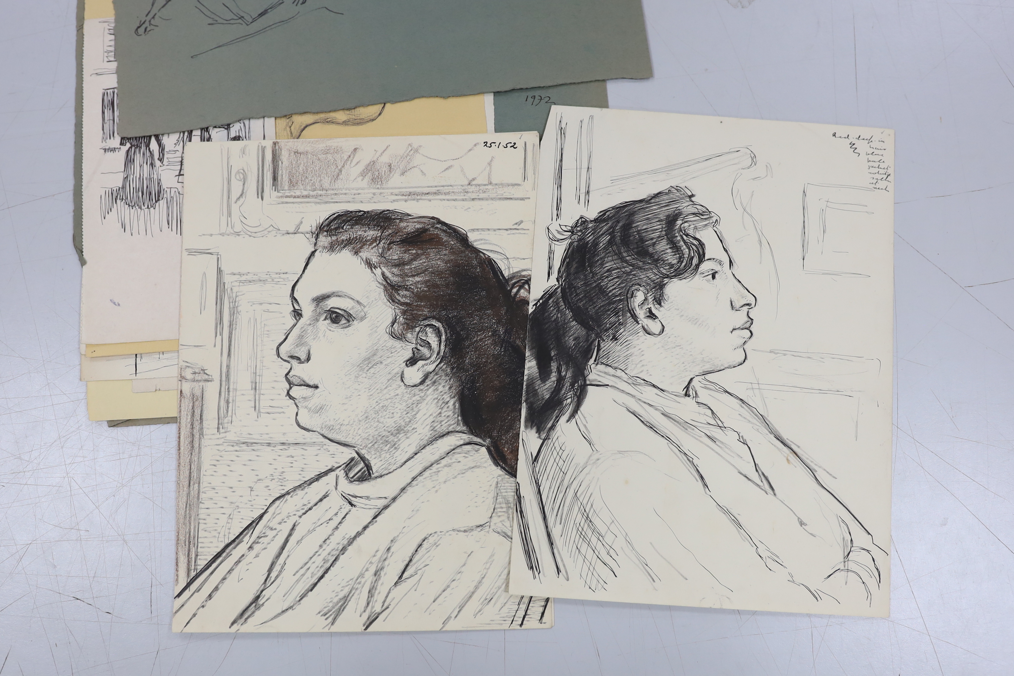 Clifford Hall (1904-1973), a collection of fourteen pencil and ink sketches on paper, figural studies and landscapes, some inscribed and dated, unframed, largest 42 x 31cm